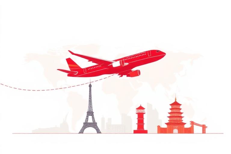 Minimal airplane over destination silhouettes with a route arc